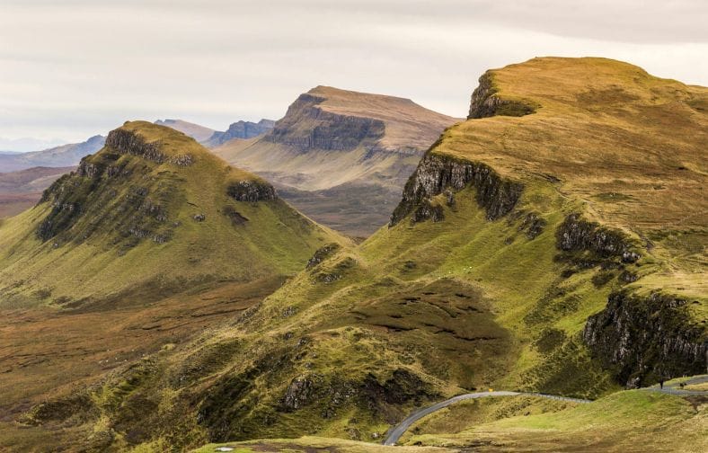 Scenic view of the Quiraing on the Isle of Skye, Scotland.