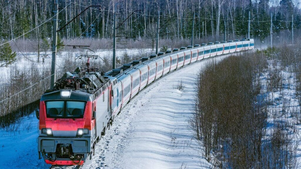 Train traveling in Winter.